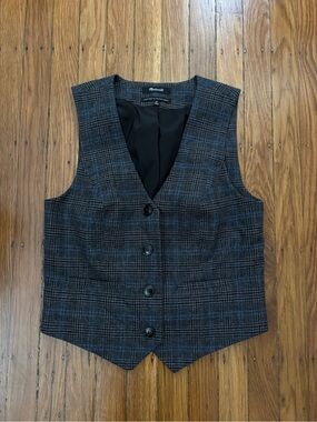 Madewell Plaid Tailored Vest in Gray with Blue Accents